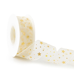Estrella 10 yardas de cintas de gasa con estrellas estampadas en oro, accesorios de la ropa, embalaje de regalo, estrella, 1 pulgada (25 mm)