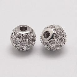 Platinum Brass Micro Pave Cubic Zirconia Beads, Round, Platinum, 6x5.5mm, Hole: 2mm