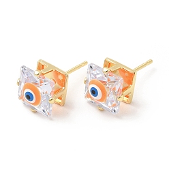 Orange Boucles d'oreilles carrées en verre avec mauvais œil en émail, bijoux en laiton plaqué or véritable 18k pour femmes, orange, 9x9mm, pin: 0.7 mm