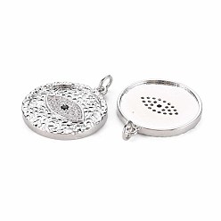 Real Platinum Plated Brass Micro Pave Clear & Blace Cubic Zirconia Pendants, Nickel Free, Flat Round with Evil Eye, Real Platinum Plated, 23.5x21.5x2mm, Jump Ring: 5x1mm, Inner Diameter: 3mm