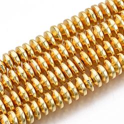 Plateado en Oro Electroplate hematites sintética hebras de perlas no magnéticas, Rondana plana, oro chapado, 8x3 mm, agujero: 1 mm, sobre 88 unidades / cadena, 15.7 pulgada