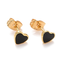 Black 304 Stainless Steel Enamel Stud Earrings, with 316 Surgical Stainless Steel Pin, Golden, Heart, Black, 5.5x6x2mm, Pin: 0.8mm