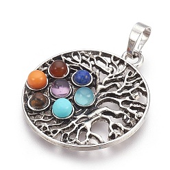 Antique Silver Natural & Synthetic Gemstone Pendants, with Alloy Findings, Flower, Chakra, Antique Silver, 36x31x5mm, Hole: 5x8mm