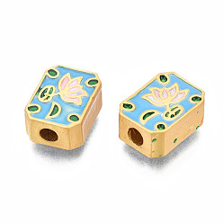Deep Sky Blue Rack Plating Alloy Enamel Beads, Cadmium Free & Lead Free, Matte Gold Color, Rectangle with Flower, Deep Sky Blue, 11.5x8.5x4mm, Hole: 2mm