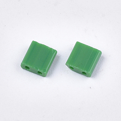 Green 2-Hole Opaque Glass Seed Beads, Rectangle, Green, 5x4.5~5.5x2~2.5mm, Hole: 0.5~0.8mm