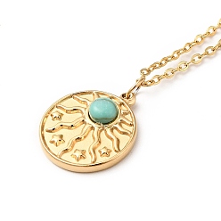 Sun Synthetic Turquoise Pendant Necklace, Gold Plated 304 Stainless Steel Jewelry for Men Women, Sun Pattern, Pendant: 17x15x4mm, 17.64 inch(44.8cm)
