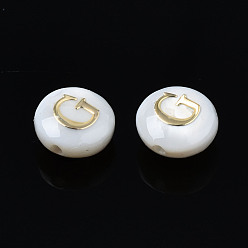 Letter G Natural Freshwater Shell Beads, with Golden Plated Brass Etched Metal Embellishments, Flat Round with Letter, Seashell Color, Letter.G, 6x4mm, Hole: 0.8mm