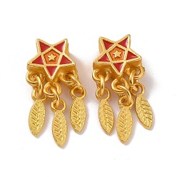 Red Alloy Pendants, with Enamel, Star and Feather, Matte Gold Color, Red, 23mm, Hole: 3mm