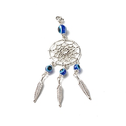Royal Blue Tibetan Style Alloy Flat Round Net/Web & Feather Pendants, with Round Evil Eye Resin Beads, Royal Blue, 9.8cm