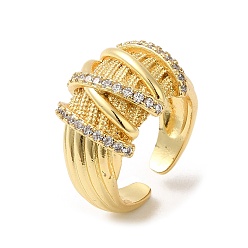 Clear Rack Plating Real 18K Gold Plated Brass Criss Cross Open Cuff Rings, with Cubic Zirconia, Long-Lasting Plated, Lead Free & Cadmium Free, Clear, Inner Diameter: 17.6mm