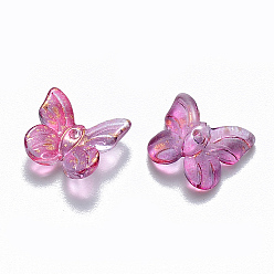 Dark Orchid Two Tone Transparent Spray Painted Glass Charms, with Glitter Powder, Butterfly, Dark Orchid, 9.5x11x3mm, Hole: 0.8mm