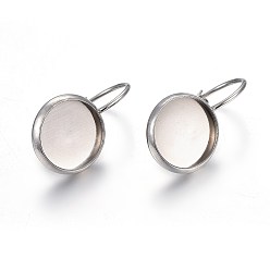 Stainless Steel Color 304 Stainless Steel Leverback Earring Settings, Flat Round, Stainless Steel Color, Tray: 10mm, 21x12x11mm, Pin: 0.7mm