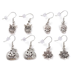 Antique Silver Halloween Theme, Tibetan Style Alloy Dangle Earrings, with Brass Earring Hooks and Plastic Earring Backs, Mixed Shape, Antique Silver, 33~35mm, Pin: 0.8mm