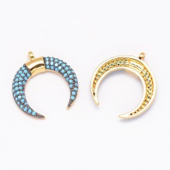 Real 18K Gold Plated Brass Micro Pave Grade AAA Cubic Zirconia Pendants, Double Horn/Crescent Moon, Cadmium Free & Nickel Free & Lead Free, Real 18K Gold Plated, 21.5x20x3mm, Hole: 1.5mm