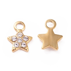 Oro 304 encantos de diamantes de imitación de acero inoxidable, encanto de la estrella, dorado, 1.05x0.8x0.2 cm, agujero: 2 mm