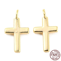 Real 18K Gold Plated 925 Sterling Silver Charms, with Jump Rings, Cross, with S925 Stamp, Real 18K Gold Plated, 10x5.5x2mm, Hole: 1.2mm