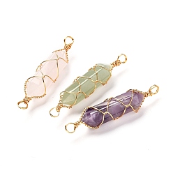 Mixed Stone Natural Mixed Gemstone Links Connectors, with Real 18K Gold Plated Eco-Friendly Copper Wire, Double Pointed, Bullet, 49x11mm, Hole: 4mm, 3pcs/set