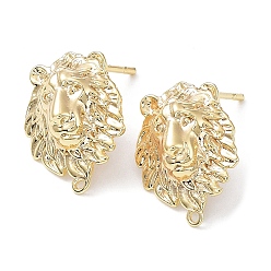 Real 18K Gold Plated Brass Stud Earring Finding, with Horizontal Loop, Lion, Real 18K Gold Plated, 15.5x12.5mm, Hole: 0.9mm, Pin: 0.7mm
