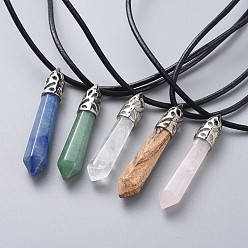 Mixed Stone Pointed Natural Gemstone Pendant Necklaces, with Brass Findings, Cowhide Leather Cord and 304 Stainless Steel Lobster Claw Clasps, Bullet, 18.03 inch(45.8cm)