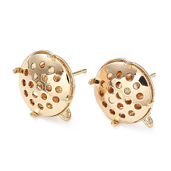 Real 18K Gold Plated Brass Stud Earring Findings, Prong Earring Settings, Filigree Flat Round, Real 18K Gold Plated, 13mm, Hole: 2mm, Pin: 0.9mm