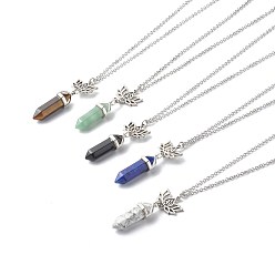 Stainless Steel Color Bullet Natural Mixed Stone Pendant Necklaces, with 304 Stainless Steel Lotus Link and Chains, Stainless Steel Color, 17.91 inch(455mm)