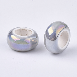 Gris Clair Perles de porcelaine plaquées, Perles avec un grand trou   , de couleur plaquée ab , rondelle, gainsboro, 12~13x6.5mm, Trou: 6mm