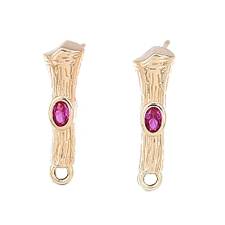 Medium Violet Red Brass Micro Pave Cubic Zirconia Stud Earring Findings, with Horizontal Loops, Nickel Free, Bamboo Stick, Real 18K Gold Plated, Medium Violet Red, 16x4.5mm, Hole: 1.2mm, Pin: 0.8mm