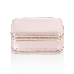 Pink PU Leather Zipper Jewelry Box, Travel Portable Mirror Jewelry Case, for Necklaces, Rings, Earrings and Pendants, Rectangle, Pink, 11.5x8.5x5cm