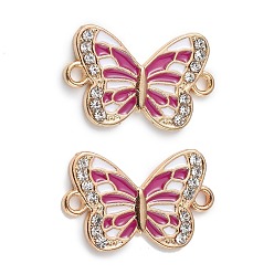 Old Rose Alloy Enamel Connector Charms, Butterfly Links with Crystal Rhinestone, Light Gold, Cadmium Free & Nickel Free & Lead Free, Old Rose, 21x13x1.7mm, Hole: 1.6mm