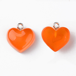 Orange Transparent Resin Pendants, with Platinum Tone Iron Loop, Heart, Orange, 16.5x17x9.5mm, Hole: 1.8mm