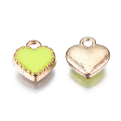 Jaune Vert Charmes d'émail d'alliage, cœur, or et de lumière, jaune vert, 8x7.50x2.50mm, Trou: 1.5mm