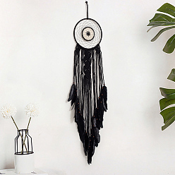 Black Iron Woven Web/Net with Feather Pendant Decorations, with Wood Beads, Covered with Polycotton Cord, Flat Round, Black, 110.5x20cm