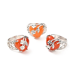 Red Aventurine Natural Red Aventurine Adjustable Rings, Platinum Tone Heart with Flower Brass Rings for Women, Cadmium Free & Lead Free, US Size 6 3/4(17.1mm), 4.5~9mm