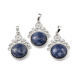 Sodalite Natural Sodalite Pendants, with Rack Plating Brass Findings, Cadmium Free & Lead Free, Flat Round & Flower, 34~34.5x25.5~26x8.5~9mm, Hole: 8x5.5mm