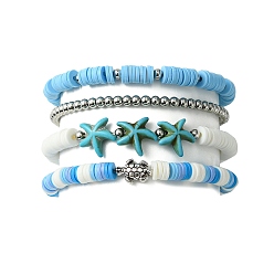 Bleu Ciel Clair 4 pcs 4 styles ensemble de bracelets extensibles en argile polymère heishi surfeur, bracelets empilables étoile de mer turquoise synthétique et tortue en alliage, lumière bleu ciel, diamètre intérieur: 2~2-1/8 pouce (5.1~5.5 cm), 1 pc / style