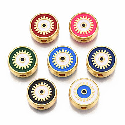Mixed Color Rack Plating Alloy Enamel Pendants, Light Gold, Cadmium Free & Nickel Free & Lead Free, Flat Round with Evil Eye, Mixed Color, 12x4.5mm, Hole: 2mm