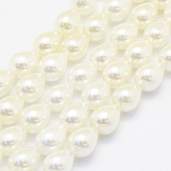 Creamy White Shell Pearl Beads Strands, teardrop, Creamy White, 11x8mm, Hole: 1mm, about 34pcs/strand, 15.35 inch(39cm)