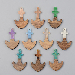 Mixed Color Resin & Walnut Wood Pendants, Anchor, Mixed Color, 38x24.5x3mm, Hole: 2mm