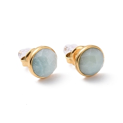 Flower Amazonite Natural Flower Amazonite Flat Round Stud Earrings, Real 24K Gold Plated 304 Stainless Steel Jewelry for Women, 16x9mm, Pin: 0.8mm