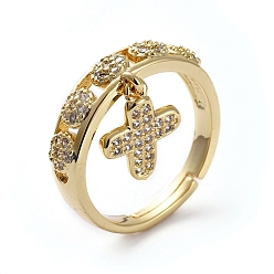 Golden Adjustable Brass Cuff Rings, Open Rings, with Micro Pave Cubic Zirconia and Charms, Cross, Golden, Size 7, 17mm