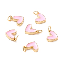 Pink Rack Plating Brass Enamel Charms, with Jump Ring, Cadmium Free & Nickel Free & Lead Free, Real 18K Gold Long-Lasting Plated, Heart, Pink, 9x7x2mm, Hole: 2.5mm