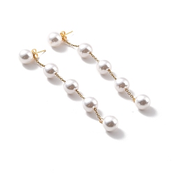 Golden Round Plastic Pearl Beaded Long Chain Dangle Stud Earrings, 304 Stainless Steel Drop Earrings for Women, Golden, 95x10mm, Pin: 0.7mm