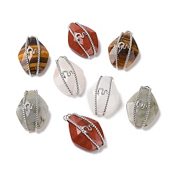 Stainless Steel Color Natural Mixed Gemstone Pendants, Faceted Rhombus Charm, with 304 Stainless Steel Snake Findings, Mixed Dyed and Undyed, Stainless Steel Color, 34.5~35.5x22.5x10~10.5mm, Hole: 2.5mm