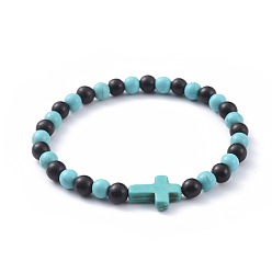 Turquoise Natural Sandalwood Beads Stretch Bracelets, with Synthetic Turquoise(Dyed) Beads, Cross, Turquoise(Dyed), 2-1/4 inch(5.6cm)