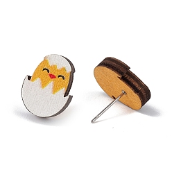 Chick Natual Wood Easter Stud Earrings, 316 Stainless Steel Jewelry for Women, Chick Pattern, 15x11.5mm, Pin: 0.6mm