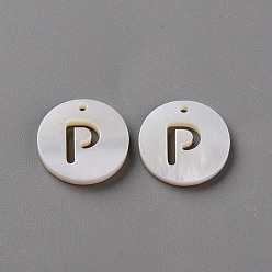 Letter P Natural Freshwater Shell Pendants, Flat Round with Letter, Letter.P, 12x1.5mm, Hole: 1mm