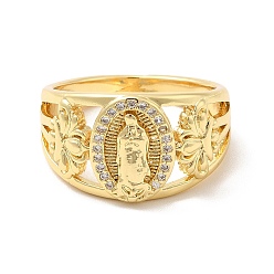 Real 18K Gold Plated Clear Cubic Zirconia Virgin Mary with Flower Finger Rings, Brass Wide Band Ring for Women, Cadmium Free & Nickel Free & Lead Free, Real 18K Gold Plated, US Size 7 3/4(17.9mm)
