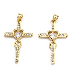Real 18K Gold Plated Brass Micro Pave Clear Cubic Zirconia Pendants, Long-Lasting Plated, Cross, Real 18K Gold Plated, 33x21x4mm, Hole: 3x3.5mm
