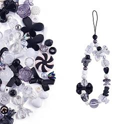 Noir 150 pièces perles acryliques roses aléatoires ours pastel perles entretoises papillon perles en vrac pour bijoux porte-clés téléphone lanière faisant, noir, 17mm