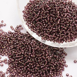 Púrpura 6/0 vaso redondo transparentes granos de la semilla, Grado A, plata forrada, púrpura, 3.6~4.0 mm, agujero: 1.2 mm, sobre 5000 unidades / libra